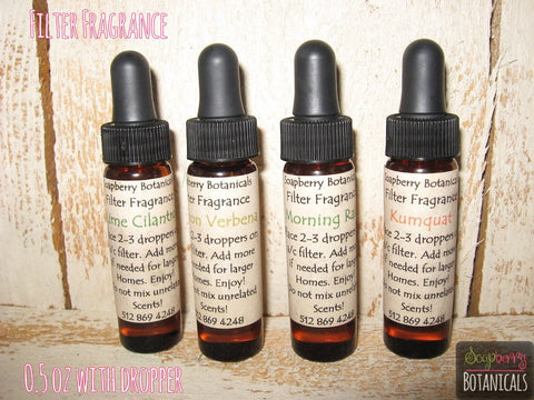 four half ounce filter fragrance bottles with droppers